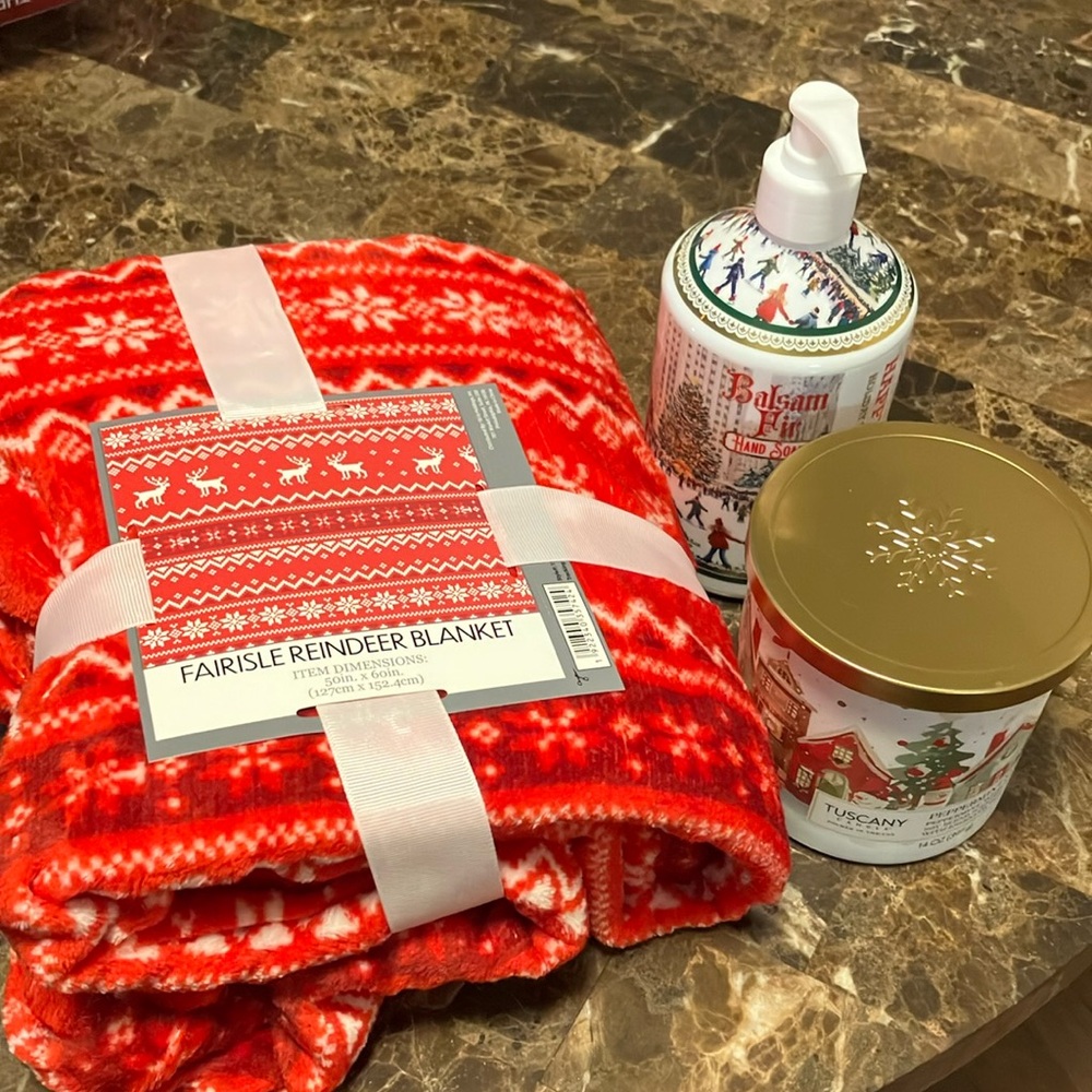 All NWT Christmas candle, hand soap w/ Christmas theme and Christmas blanket